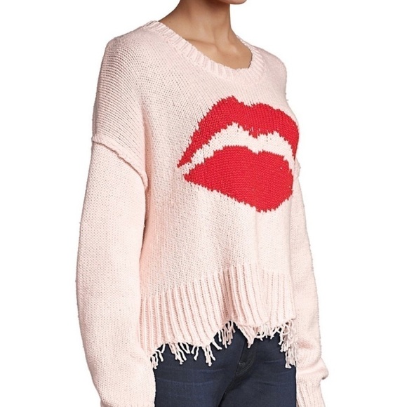Wildfox NWT First Kiss Luna Knit Pink Red Lips Distressed Hem Cuffs Sweater M - Picture 9 of 14